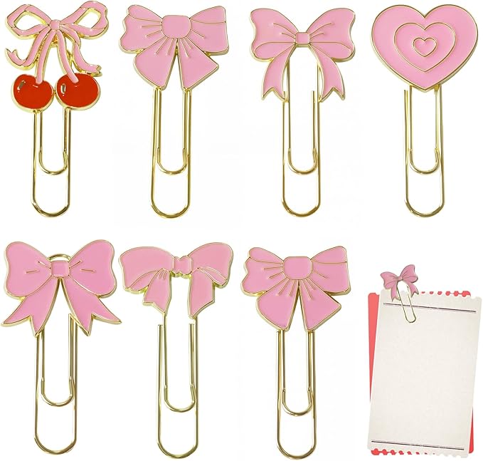 7 PCS Bow Paper Clips Metal Paperclip Large Size Paper Clip Cute Bookmark Colorful Office Supplies Present for Teacher & Students, for Office Home Supplies Gifts Wedding Decoration