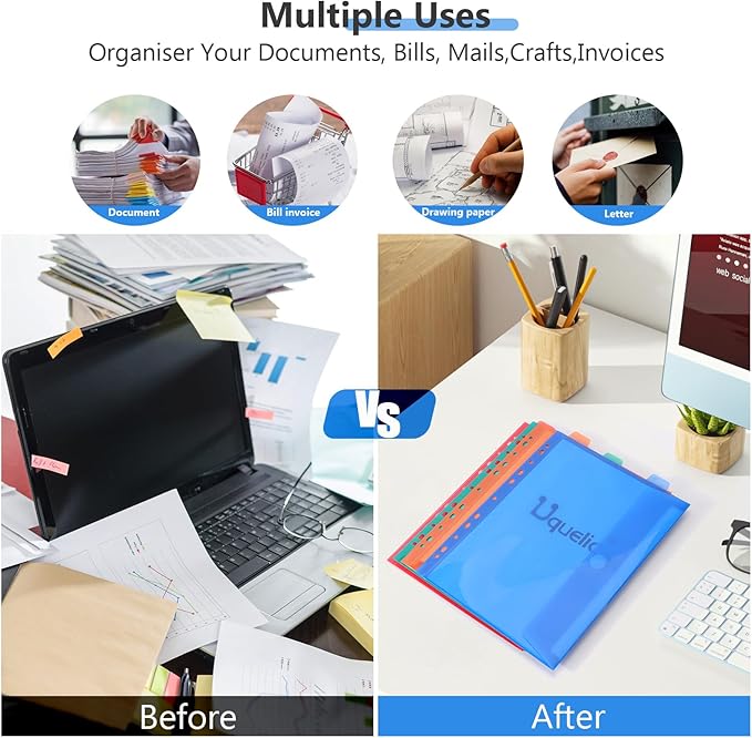 Uquelic Document Organizer, Soft PVC Binder with 12 Colorful Pockets - Zipper Binder 3 Ring with Dividers Letter Size (11'' x 8.5'')-Large Capacity Cute Folder for School, Office & Home Use (Black)
