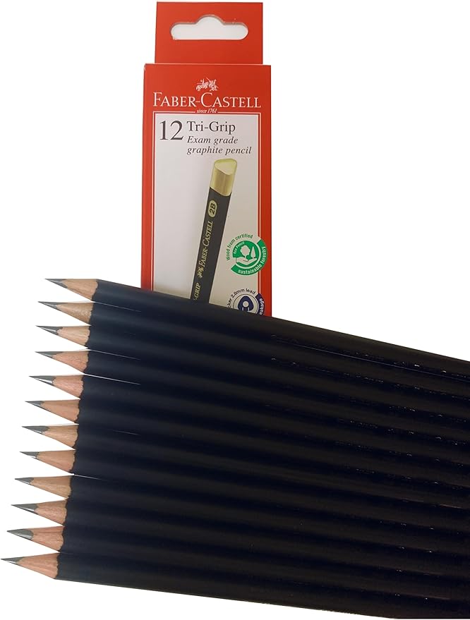 Faber-Castell Wooden Tri-Grip Exam Grade Graphite 2B Pencils, Smooth and Dark Pre-sharpened Wood Pencils - Box of 12