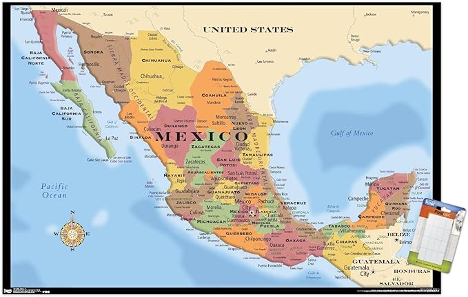 Trends International Map - Mexico Wall Poster, 22.375" x 34", Poster & Mount Bundle