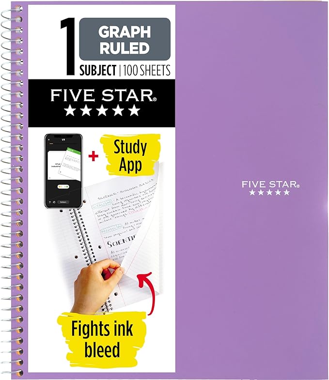Five Star Spiral Notebook + Study App, 1 Subject, Graph Ruled Paper, 8-1/2" x 11", 100 Sheets, Fights Ink Bleed, Water Resistant Cover, Amethyst Purple (620000CF1)