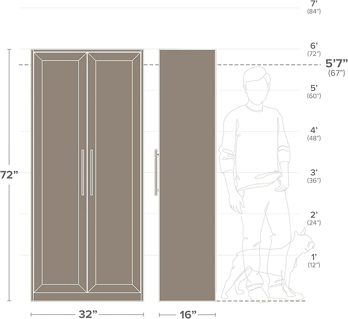 Prepac Elite Premium Home Storage Cabinet with Doors and Shelves, White Storage Cabinet with 5 Shelves for Kitchen, Bathroom 16" D x 32" W x 72" H