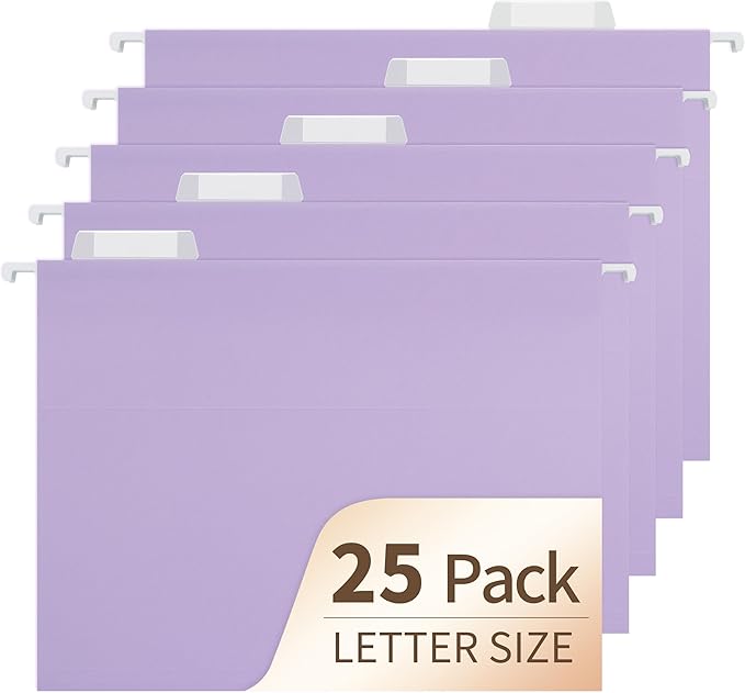 Light Purple Hanging File Folders,25 Pack Letter Size File Folders with 1/5-cut Tabs,Office Essentials for Filing Cabinet & Desk Storage