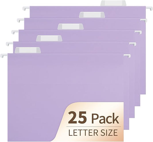 Light Purple Hanging File Folders,25 Pack Letter Size File Folders with 1/5-cut Tabs,Office Essentials for Filing Cabinet & Desk Storage