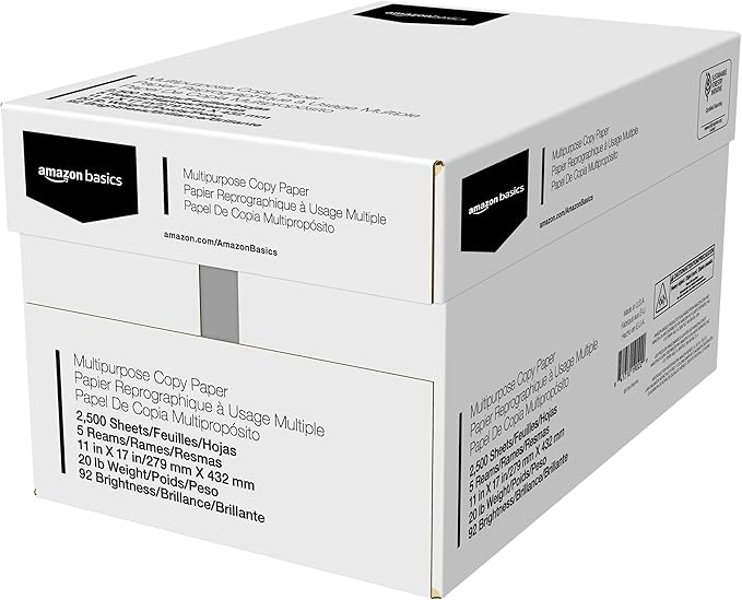 Amazon Basics Multipurpose Copy Printer Paper, 20 lb, 11 x 17 Inches, 5 Reams (2,500 Sheets), 92 Bright White