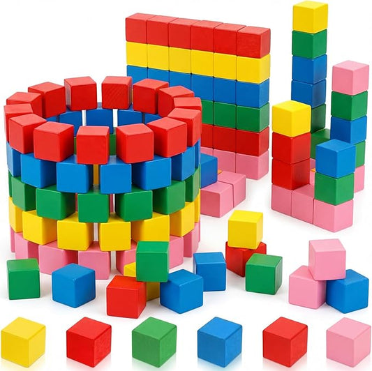 Deekin 100 Pcs Wooden Cube Blocks Bulk 5 Color Geometric Solid Mini 3D Shape 0.7 Inch Math Teaching Building Stacking Block for Classroom Learning Block Creative Play DIY Craft