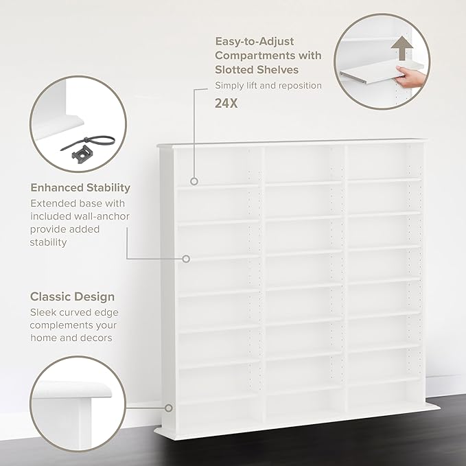Prepac 3 Column 51" Tall White Display Multimedia Cabinet, Wood Media Storage with Removable Sheves, Modern Multimedia Storage Unit with 21 Adjustable Shelves for Books, DVDs and Collectibles, White