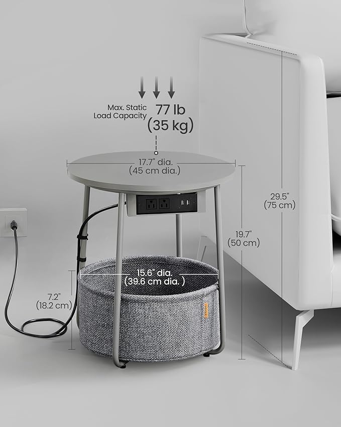 VASAGLE LILEA Collection - Side Table with Charging Station, Round End Table with Fabric Basket, Nightstand with USB Ports, for Living Room, Bedroom, Modern, Dove Gray and Slate Gray ULET228G01