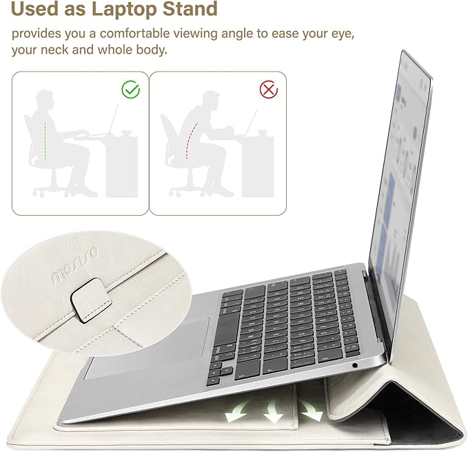 MOSISO Laptop Case 13.3 inch, 13-13.3 inch Laptop Sleeve Compatible with MacBook Air/Pro 13 / Pro 14, HP Dell ASUS Lenovo Notebook, PU Leather Flap Carrying Case with Stand&Small Pouch, Beige
