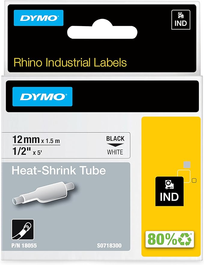 DYMO Rhino Industrial Heat-Shrink Labels 1/2" Tube Black Print on White