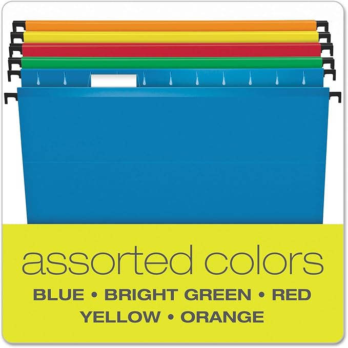 Pendaflex SureHook Reinforced Hanging Folders, Letter Size, Assorted Colors, 1/5 Cut, 20/BX (6152 1/5 Asst)