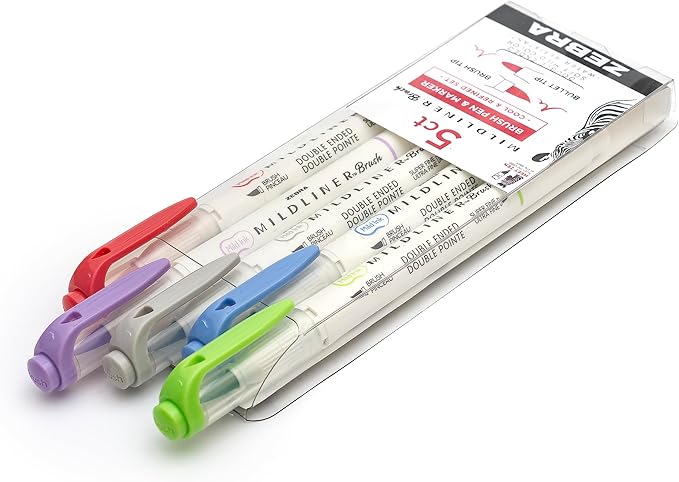Zebra Pen, Mildliner Dual-Ended Brush Pens, Cool and Refined Color Palette, 5 Assorted Colors, Brush and Fine Tips, No Bleed-Through Ink for Calligraphy, Journaling, Planners, 5-Pack (79205)