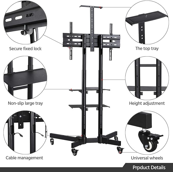 Yaheetech Mobile TV Stand, Adjustable Rolling Television Cart w/Locking Wheels for30-60 LCD LED Plasma Flat Panel Screen up to 110LB, Portable Cart Stand w/Flexible Laptop Shelf, Max. VESA 600x400