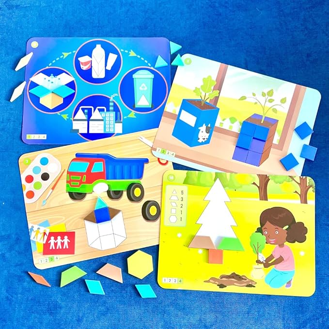 hand2mind Recycling and Conservation Pattern Block Puzzle Set, Tangram Puzzle, Geometric Shapes for Kids, Pattern Blocks Cards, Pattern Play, Toddler Battern Blocks, Kindergarten Learning Activities