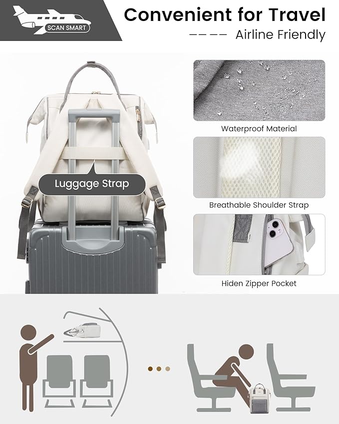 LOVEVOOK Laptop Backpack for Women, 17 Inch Work Teacher Nurse Bag, Large Capacity Business Computer Backpack Purse with USB Port, Stylish Casual Daypack for Travel,Beige&Grey