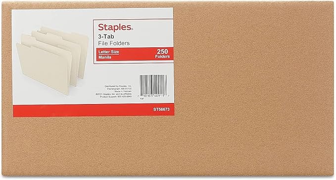 Staples File Folders, Letter Size, 1/3‑Cut Tabs, Assorted Positions, Manila, Durable Paper Stock, 250/Pack