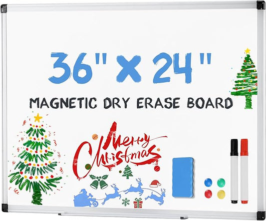 DUMOS Magnetic Whiteboard Kit for Wall 36" x 24", Dry Erase Board with 1 Dry Eraser & 2 Multicolor Markers & 4 Magnetic Pins, Sliver Reinforced Aluminum Frame for Home, School, Office