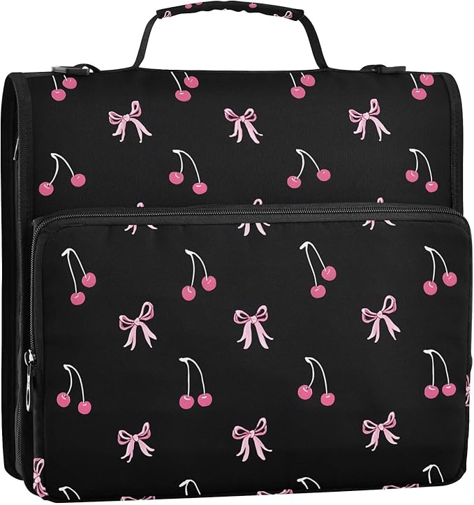Black Pink Bow Cherry Zipper Binder Bag 3 Ring Binder with Shoulder Strap Zip Up 500 Sheets Capacity Multi Pockets for School Office Supplies