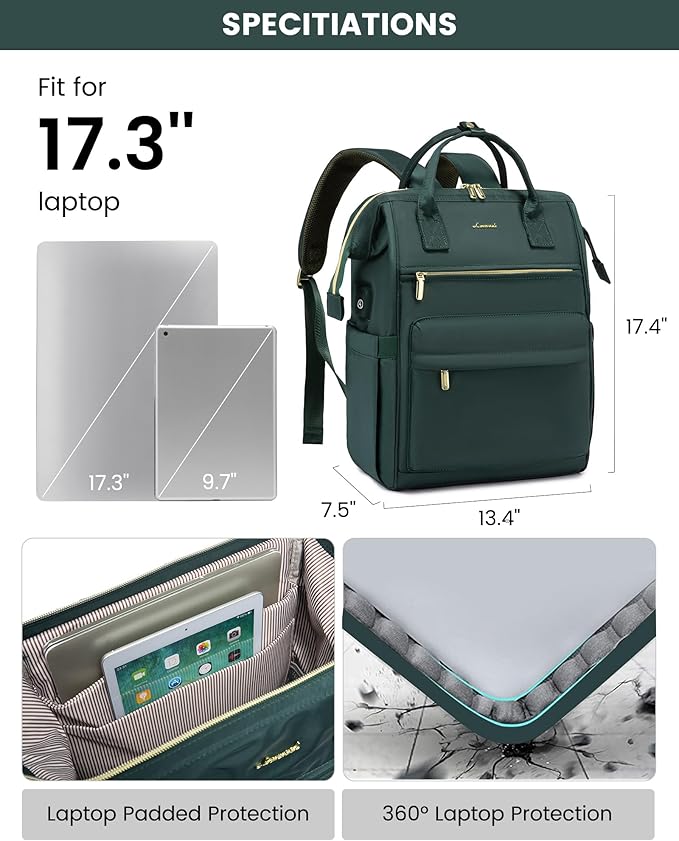 LOVEVOOK Laptop Backpack for Women, 17 Inch Work Teacher Nurse Bag, Large Capacity Business Computer Backpack Purse with USB Port, Stylish Casual Daypack for Travel,Green