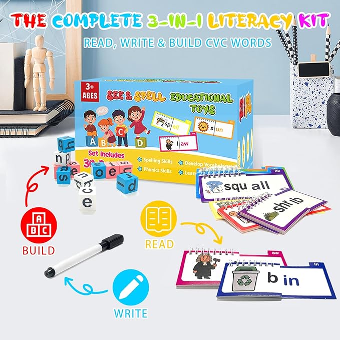 30 Word Family Flip Books, 3-in-1 Read and Rhyme Flip Activity Book Set, ABC Vocabulary Flash Cards, Sight Words Flashcards, Learn to Read Phonics Cards for Kindergarten, Homeschool Supplies