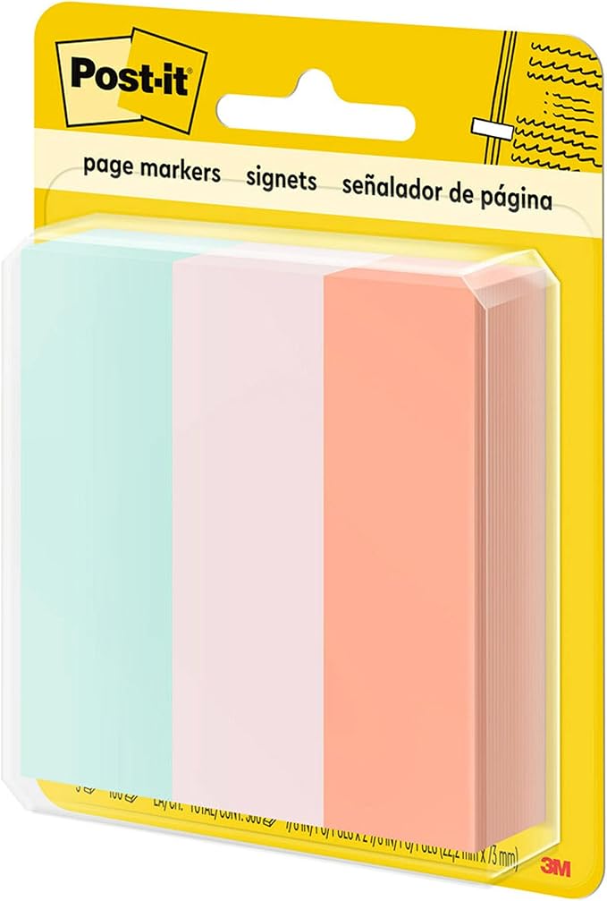 Post-it Page Markers, 1 in x 3 in, Ideal for Temporary Marking and Noting in Books, Assorted Colors, 100 Sheets/Pad, 3 Pads/Pack (5487) (Pack of 2)