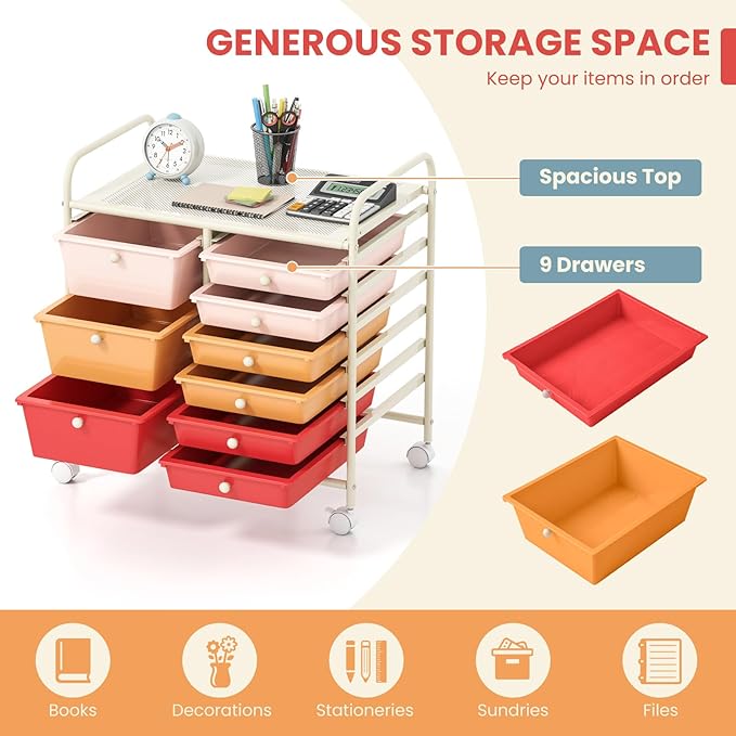 COSTWAY Rolling Storage Cart with 9 Drawer, Mobile Utility Cart with Metal Frame, Art Supply Craft Organizer, Multipurpose Storage Organizer for Paper, Office, School Teacher, Classroom, Macaron