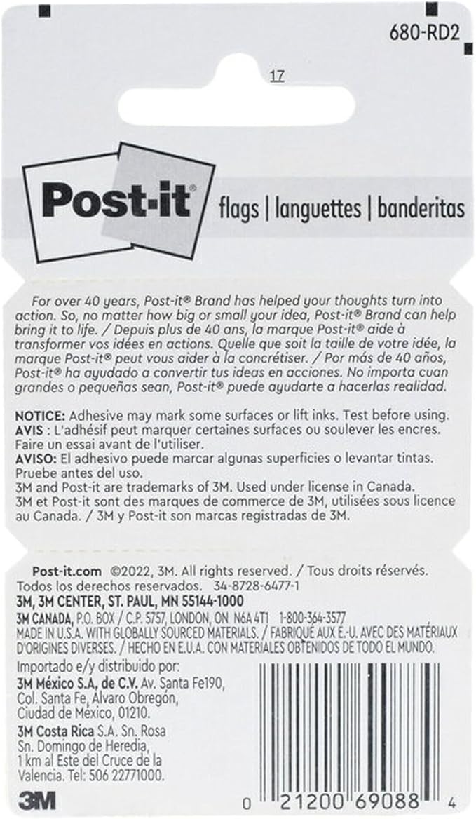 Post-it Flags Value Pack, 50/Dispenser, 12 Dispensers/Pack, 1 in Wide, Red (680-RD12)