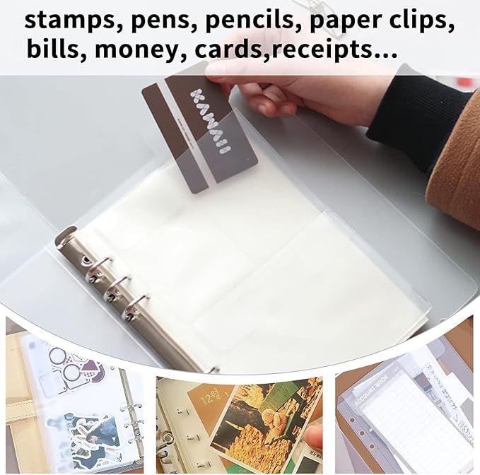 Binder Pockets, 20pcs A5 Size 6 Holes Binder Pockets, [Waterproof PVC Pouch] Premium Clear Binder Zipper Folders Document Filing Bags for 6-Ring Notebook Binder Loose Leaf Bags,-Clear