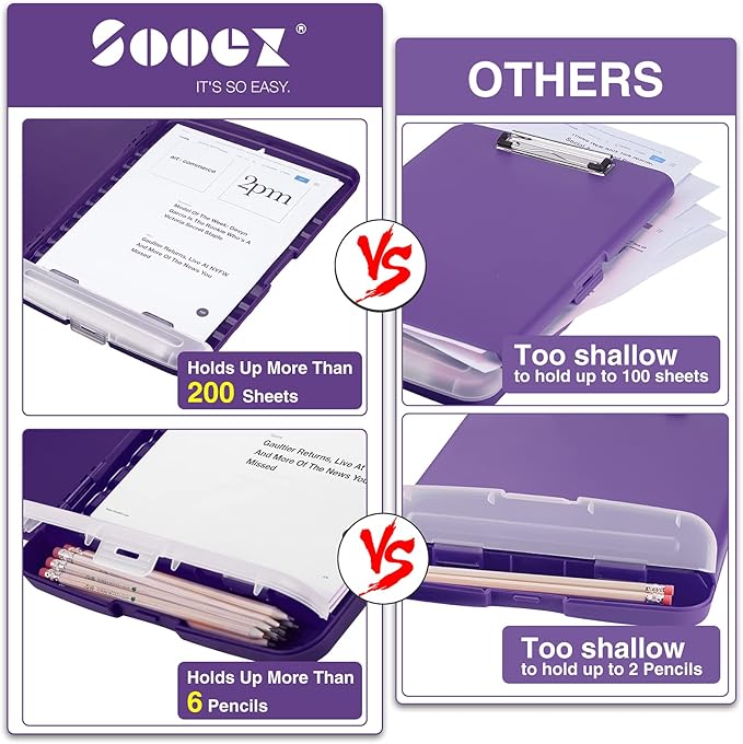 Sooez Clipboard with Storage, Clip Board 8.5 x 11 with Pen Holder, Plastic Organization Case Box for Letter Legal A4 Size Paper, Low Profile Clip, Nurses Teachers Must Haves, School & Office Supplies