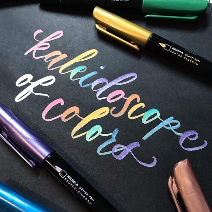 Zebra Pen, Metallic Brush Pens, Gold, Silver, and Rose Gold Ink, Medium Brush Tip Mimics Artist’s Paint Brush for Calligraphy and Lettering, Acid-Free Ink for Light and Dark Paper, 3-Pack (01603)