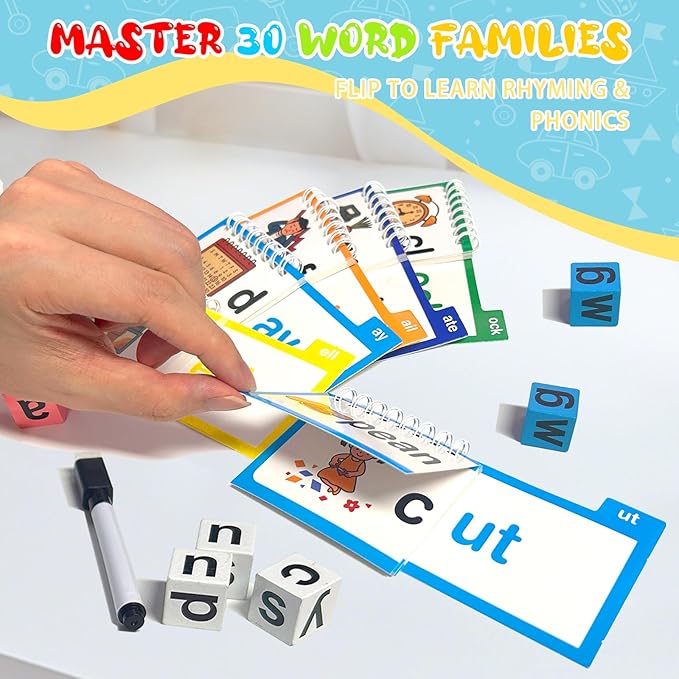 30 Word Family Flip Books, 3-in-1 Read and Rhyme Flip Activity Book Set, ABC Vocabulary Flash Cards, Sight Words Flashcards, Learn to Read Phonics Cards for Kindergarten, Homeschool Supplies
