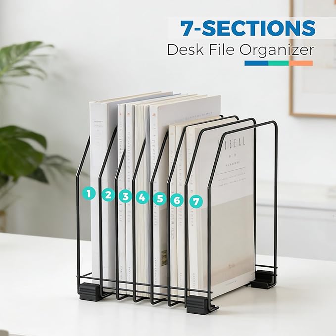 File Organizer for Desk, 7-Section Vertical File Sorter, Paper Holder Organizer Standing Metal File Folder for Office Home Classroom, Black (4Pack)