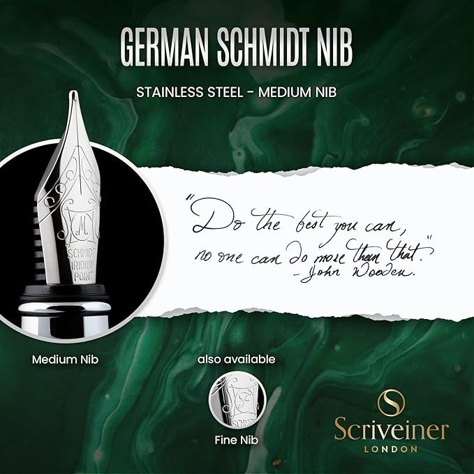 Scriveiner Personalized British Racing Green Fountain Pen - Stunning Green Lacquer Luxury Pen w/Chrome Finish, German Schmidt Nib (Medium), Best Engraved Pen Gift Set for Men & Women, Name Engraving