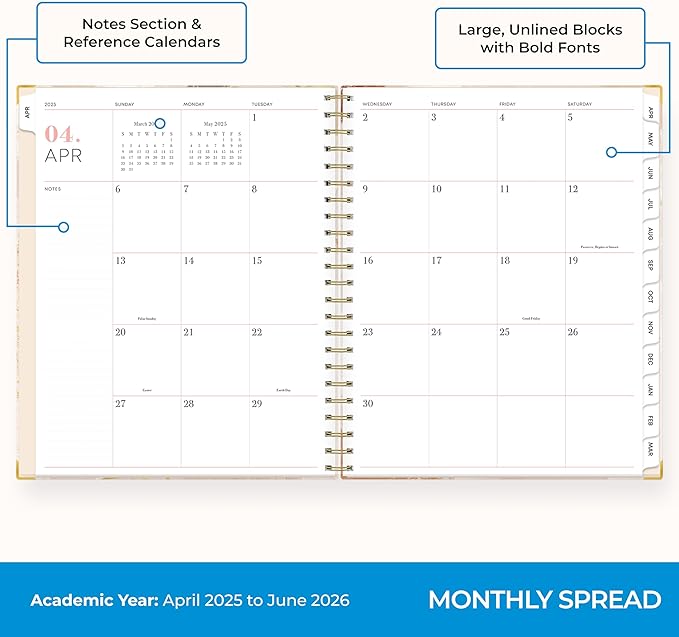 Blue Sky 15 Month Weekly and Monthly Academic Year Planner Calendar, April - June, Hard Cover, Wirebound, Laminated Tabs, Storage Pocket, Includes Snap-in Ruler w/Sticky Notes & Sticker Sheet (Henri- 2025/2026, 8.5" x 11")