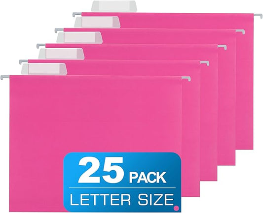 25 Packs Hanging File Folders Pink,Letter Size 8.5x11,Hanging File Folders with 1/5-cut Tabs,File Folders for Filing Cabinet with Tabs,Designed for Bulky Files,Ideal Office,School Classroom