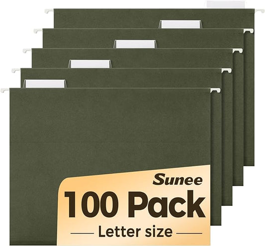 SUNEE Hanging File Folders, 100 Pack Reinforced Hang Folders Letter Size, Adjustable 1/5-Cut Tabs, Designed for Bulky Files, Filing Cabinet, Standard Green