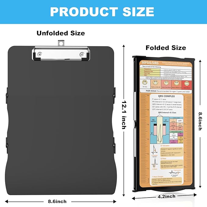 Clipboards Nursing Clipboard Trifold Foldable, 3 Layers Aluminum Nurse Clipboards with Nursing Edition Cheat Sheets Folding Pocket Size for Students, Nurses and Doctors (Black)