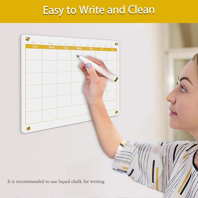 Acrylic Calendar Dry Erase Board for Wall,15.7''x11.8'', Golden Monthly Calendar Whiteboard for Home,Office, School