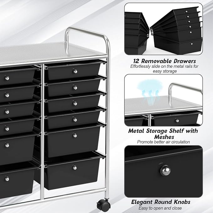 COSTWAY 12-Drawer Rolling Storage Cart, Moveable Art Craft Organizer W/Lockable Wheels, Metal Shelf, Files Arrangement Tools Makeup Storage Cart for Office, Home, School (Black)