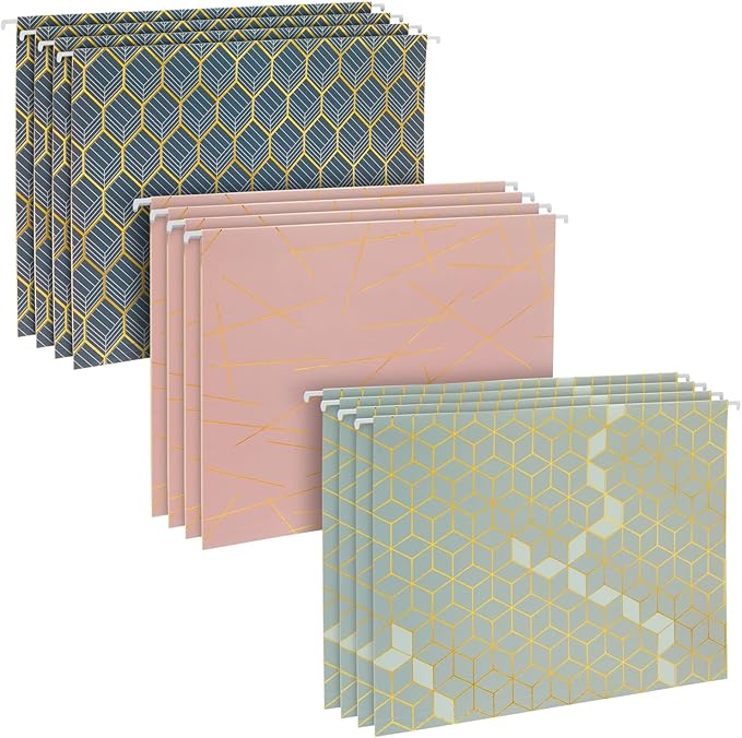 Paper Junkie Geometric Hanging File Folders - Letter Size (11.75 in x 9 in), 12 Pack, Mint, Dusty Pink & Dark Blue - Gold Foil Decorative Folders & Organizer for Office Organization