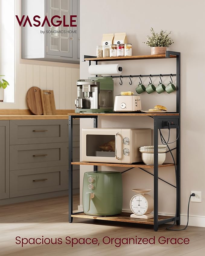 VASAGLE Kitchen Bakers Rack with Power Outlet, Coffee Bar 4-Tier with 8 S Hooks, Microwave Stand, Adjustable Shelf, 15.7 x 31.5 x 55.1 Inches, Rustic Brown and Ink Black UKKS029KD01