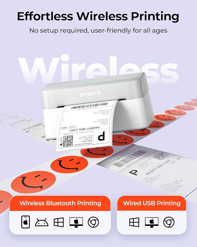 MUNBYN Bluetooth Thermal Label Printer RW403B, Wireless 4x6 Shipping Label Printer for Small Business, Compatible with Android, iPhone, Windows, Mac, Chromebook, Print Width 1.57"-4.25" (Grey)