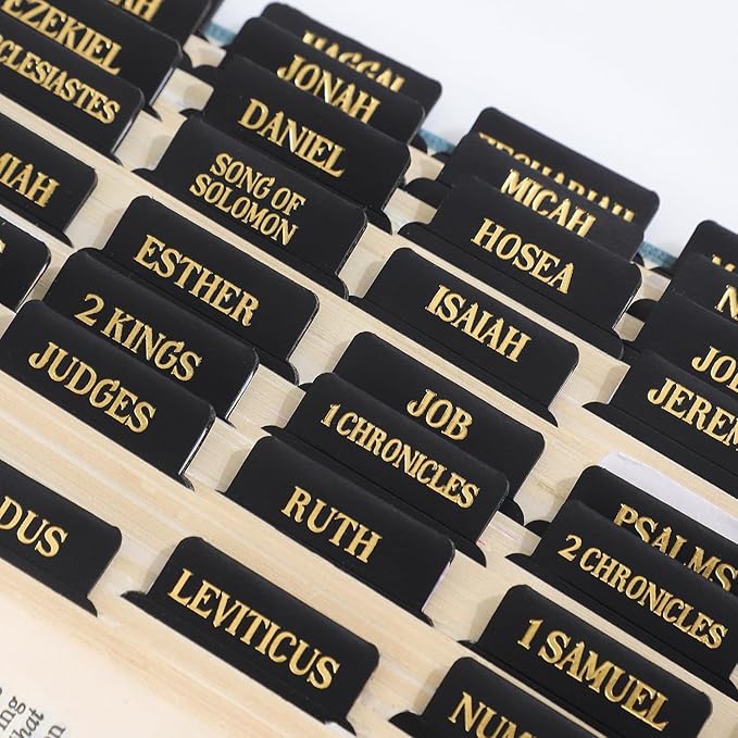Leather Bible Tabs, Bible Tabs for Women and Men(Gold Foil Lettering) Large Print Stickers, Easy to Read and Apply, 66 Chapters & 14 Blank DIY Labels for Easy Navigation, Christian Accessories(Black)