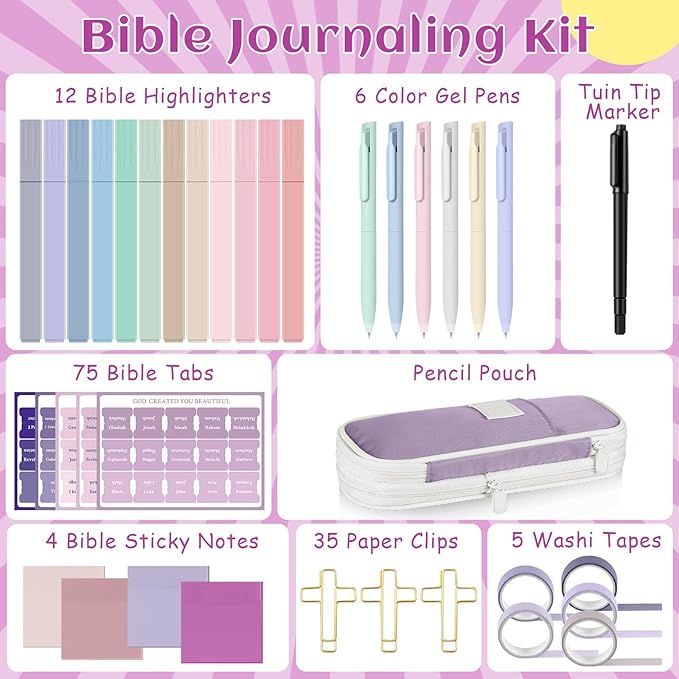 137 Pcs Bible Study Supplies Journaling Kit 1 Pencil Case 12 Highlighters 4 Sticky Notes 6 Gel Pens 35 Paper Clips 3 Tapes 1 Markers 75 Tabs for Christmas Bible School Gifts(Pink Purple)