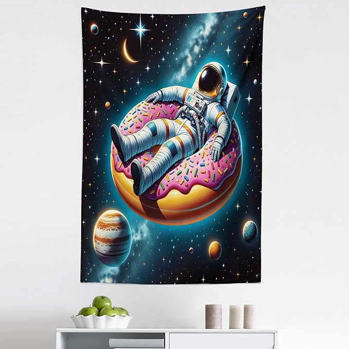 Ambesonne Funny Astronaut Tapestry, Spaceman Floating on a Donut Through the Galaxies Planets Moon, Fabric Wall Hanging Decor for Bedroom Living Room Dorm, 30" x 45", Petrol Blue Pink Orange