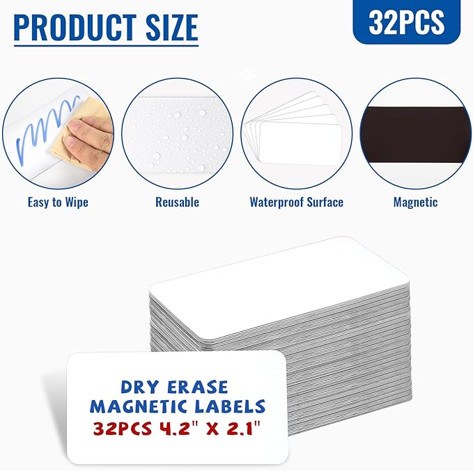 32 Pcs Dry Erase Magnetic Labels, 4.2 x 2.1 Reusable Writable Magnetic Name Tags Magnetic Label Stickers for Whiteboard, Refrigerator, Locker Classroom Office Home (White)
