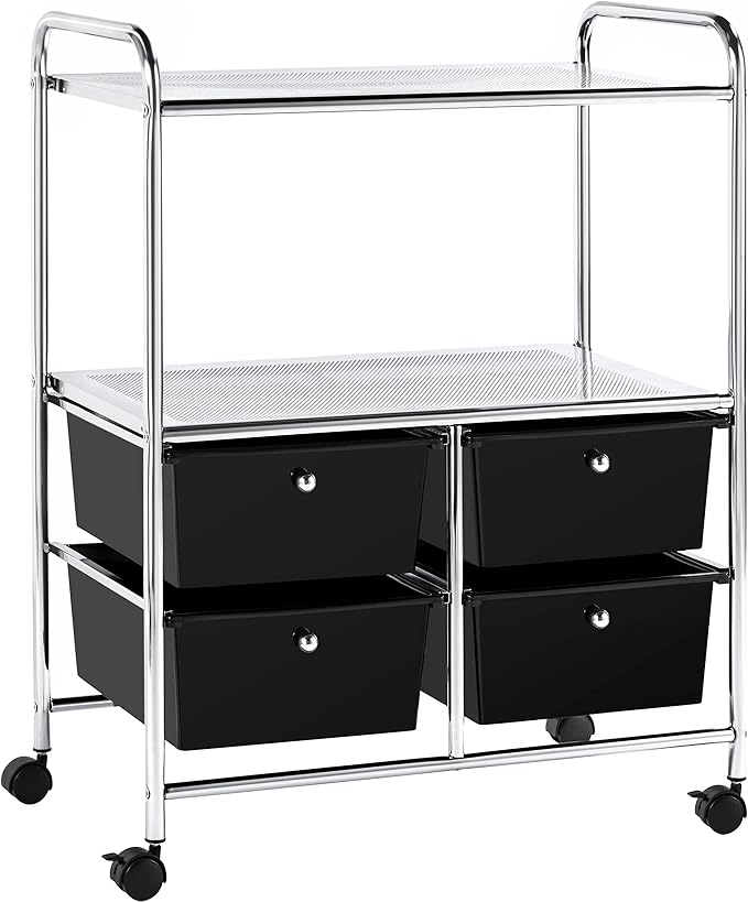 Yaheetech Rolling Storage Cart with 4 Drawers 2 Shelves Plastic Trolley on Wheels for Home Office School Beauty Salon, Black