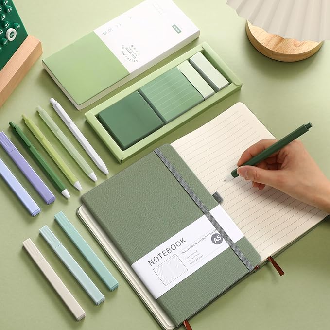 Aesthetic Stationery Set Preppy School Supplies 6 Retractable Black Pastel Gel Ink Pens 0.5mm Pastel Notebook Sticky Notes Set 5 Highlighters Self Stick Index Tabs for Bible Gifts(Green)