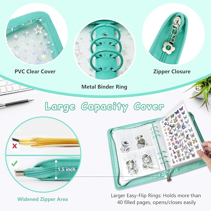 Sticker Storage Organizer Binder A5 Sticker Collecting Book Reusable Zipper Album with Clear Laser Star Cover and Pocket Pages (Cyan)