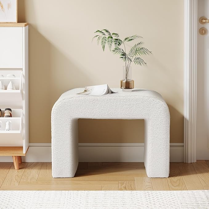 Tribesigns Foot Rest for Couch, Modern Faux Sherpa Ottoman Foot Stool, Large Boucle Vanity Stool Chair, Arched Shoe Bench or Entryway, Upholstered Extra Seating for Living Room, Fully Assembled, White